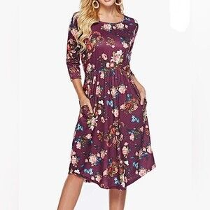 Wine Burgundy Floral Midi Dress with Pockets Size Medium